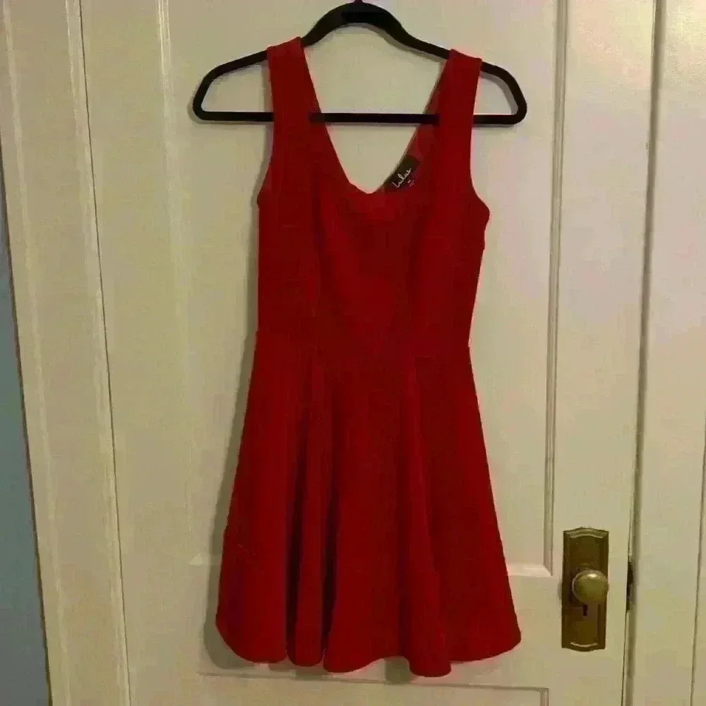 Lulus Red Square Neck Sleeveless Skater Dress, Womens Size Medium - Picture 2 of 8